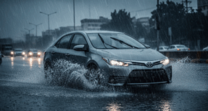 A blog banner image showing a car in moonsoon rain