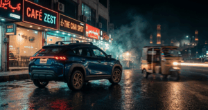 cinematic night-drive scene showing deep-blue Suzuki Fronx parked under neon storefronts