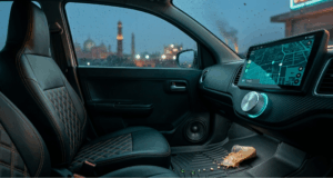 Mid-angle view inside a pearl-white Suzuki Alto