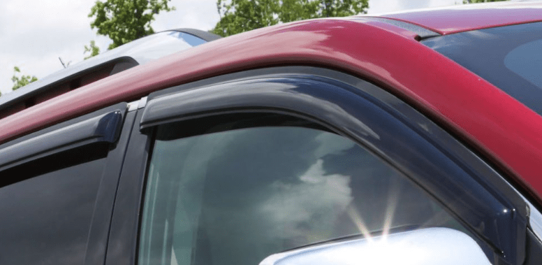 window deflectors red car
