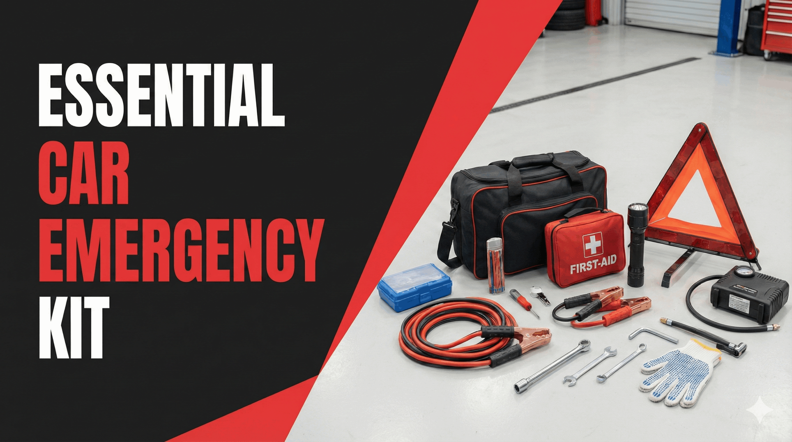 Essential Car Emergency Kit Jumper Cables, Tools & Safety Items