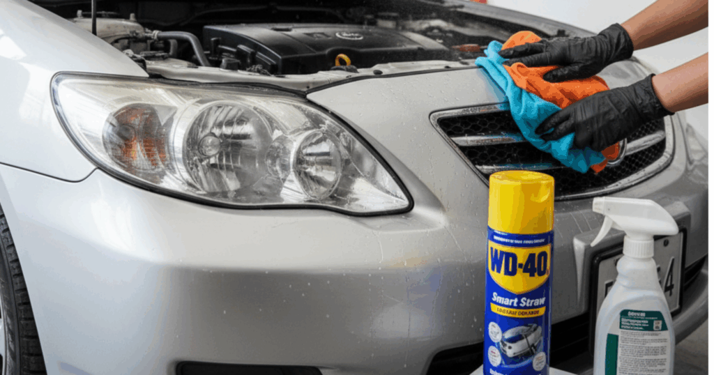 A close-up shot of a person's gloved hands cleaning the front grill of a silver Toyota Corolla with colorful microfiber cloths, with a can of WD-40 and a spray bottle of degreaser prominent in the foreground.