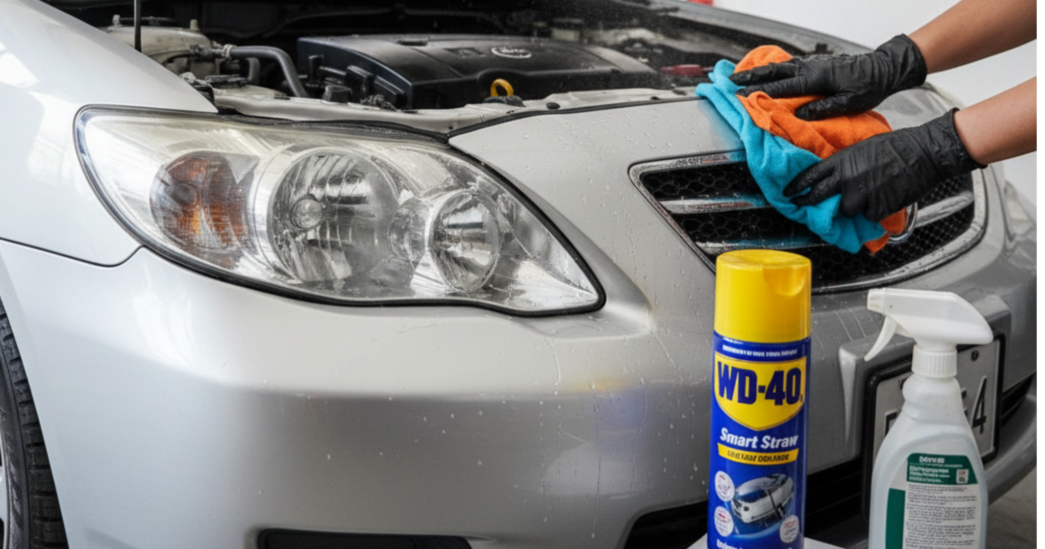 A close-up shot of a person's gloved hands cleaning the front grill of a silver Toyota Corolla with colorful microfiber cloths, with a can of WD-40 and a spray bottle of degreaser prominent in the foreground.