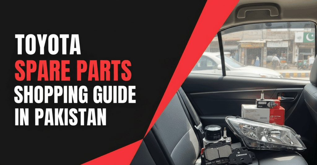 A banner image with "Toyota Spare Parts Shopping Guide in Pakistan" text on a black and red background, overlaying a photograph of various Toyota spare parts (headlight, brake pads, oil filter, spark plugs) inside a car, with a street scene visible through the car window.