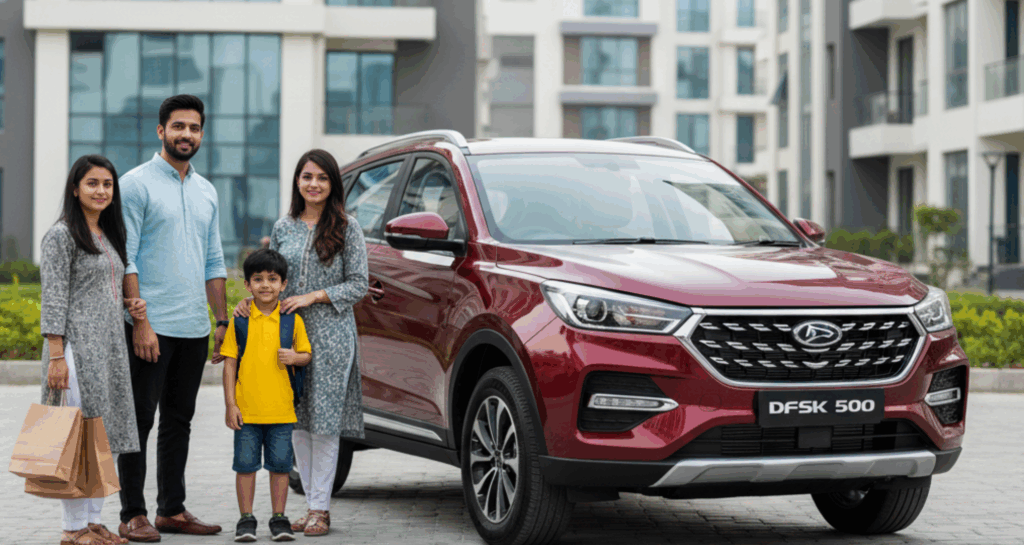 A blog banner image showcasing a red DFSK Glory 500 and a family.
