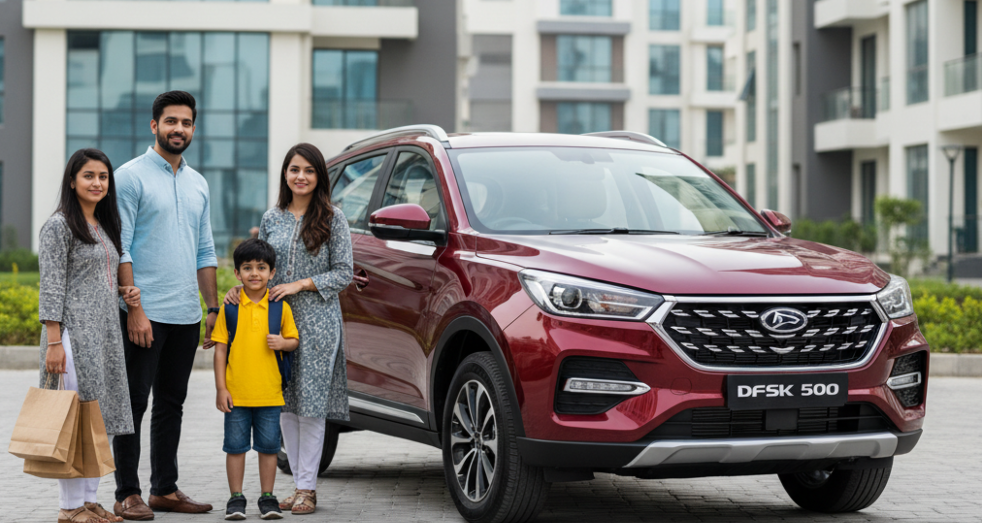 A blog banner image showcasing a red DFSK Glory 500 and a family.