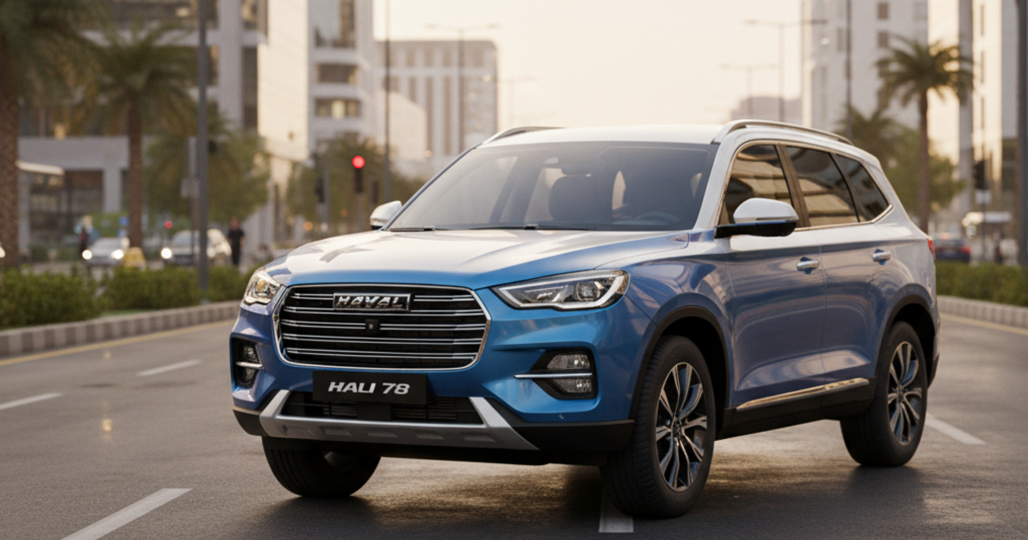 A blue and white Haval H9 SUV parked on a wide city street at dusk, with modern buildings and palm trees in the background.