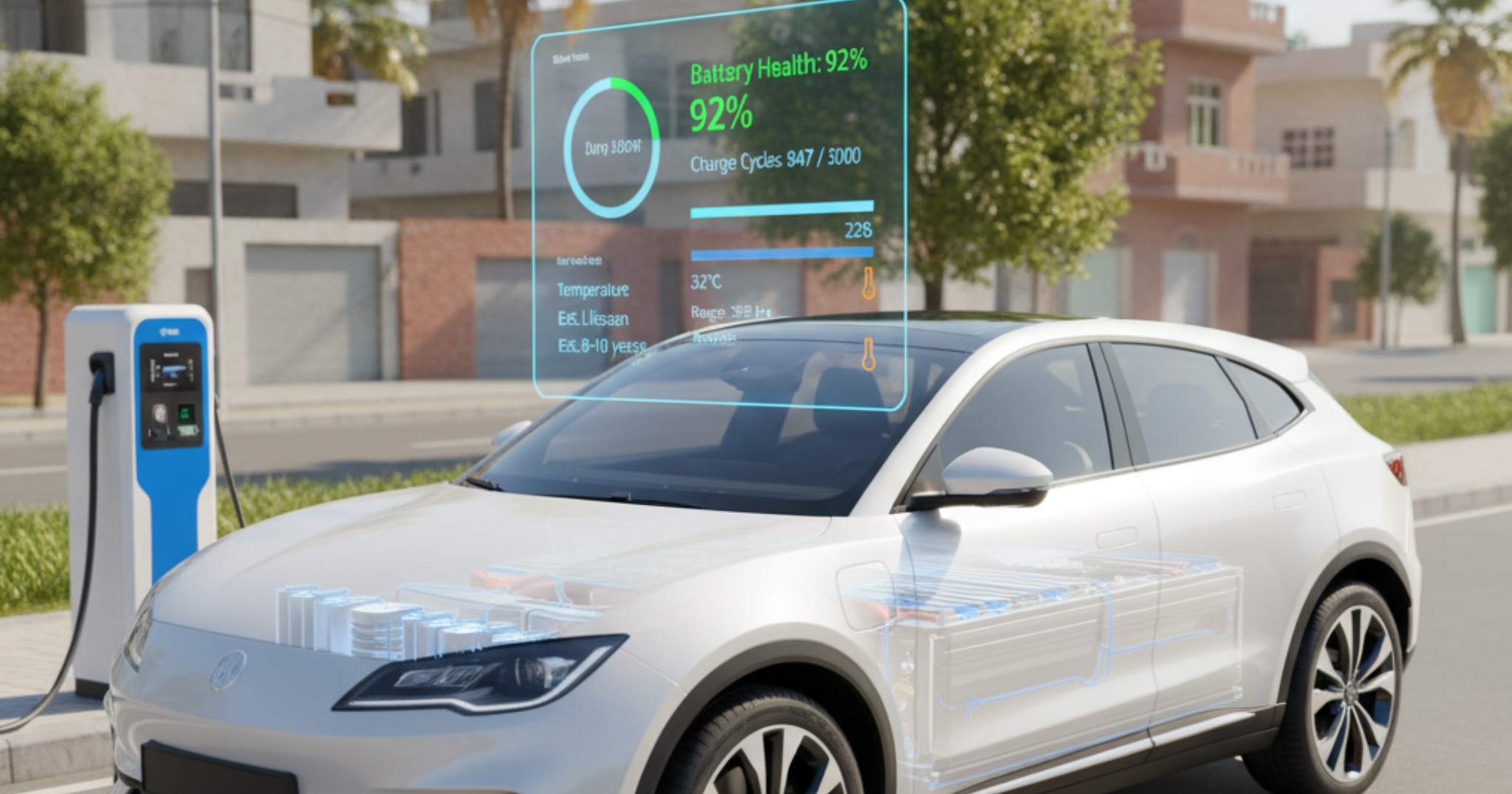 A blog banner image showcasing an electric car and its battery health.