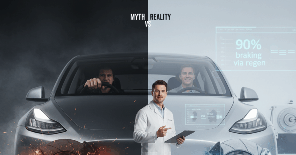 A blog banner image showing regenerative braking myth vs reality