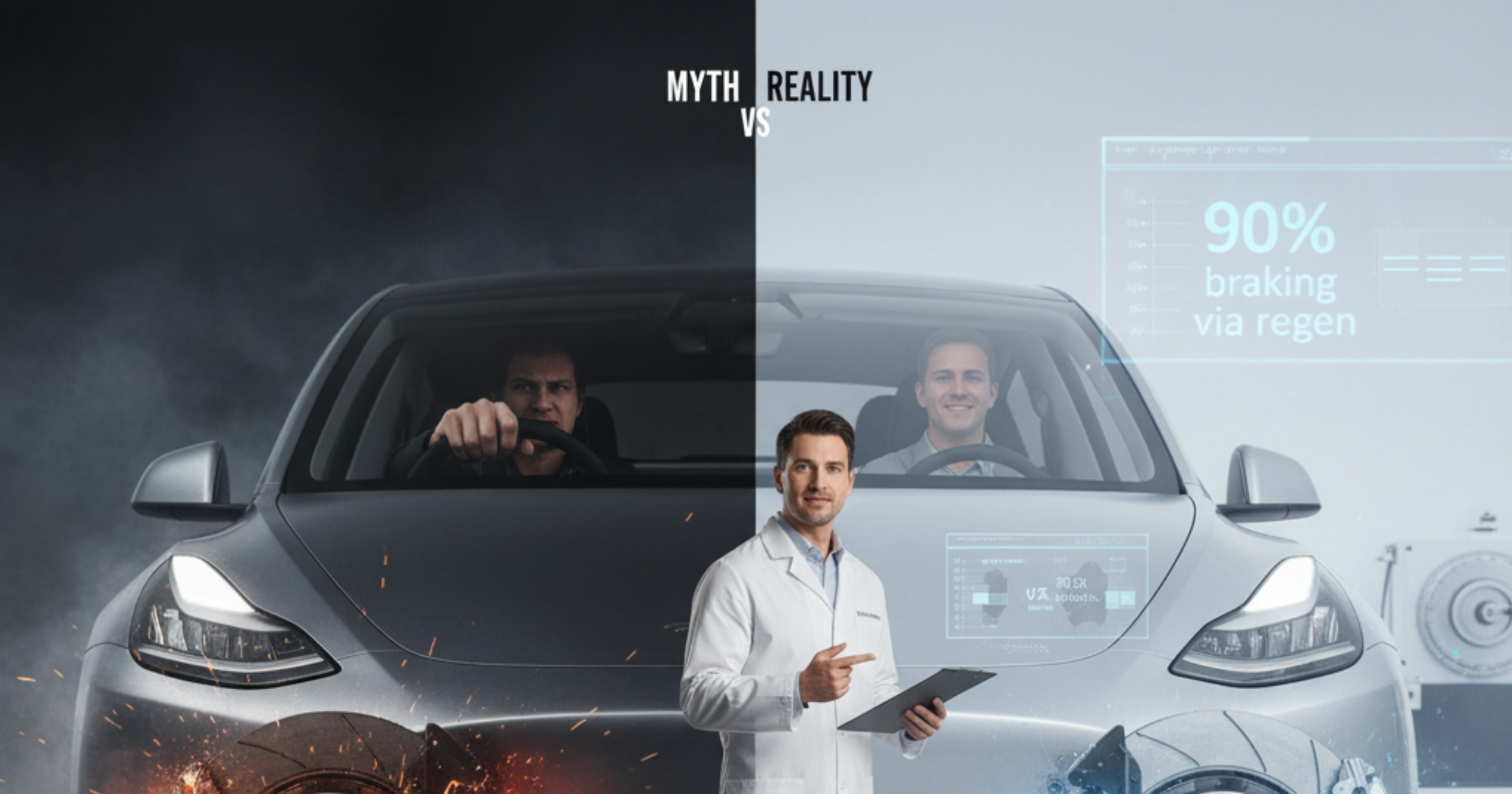 A blog banner image showing regenerative braking myth vs reality