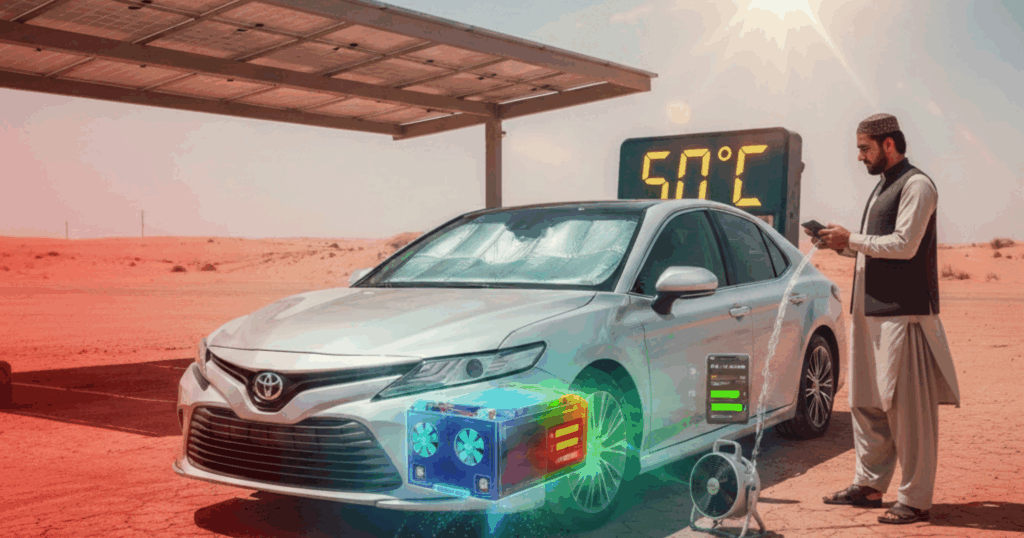 A blog banner image showing Hybrid Battery being charged in 50°C Heat