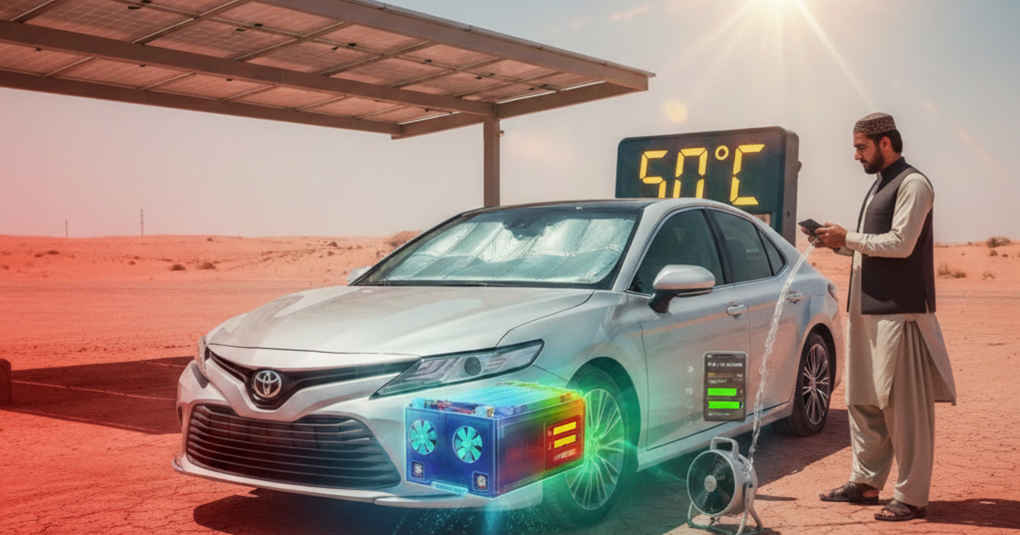 A blog banner image showing Hybrid Battery being charged in 50°C Heat