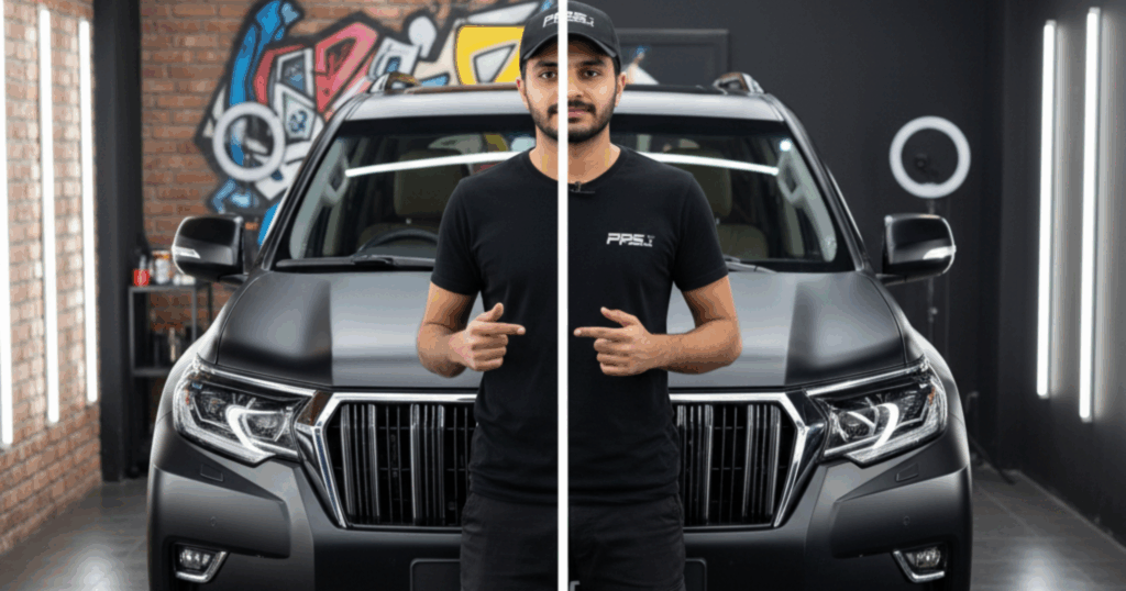 A blog banner image showing PPS Blackout vs Traditional Car Wraps.