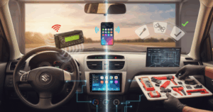 A blog banner image showing an installed Apple CarPlay in Suzuki Swift