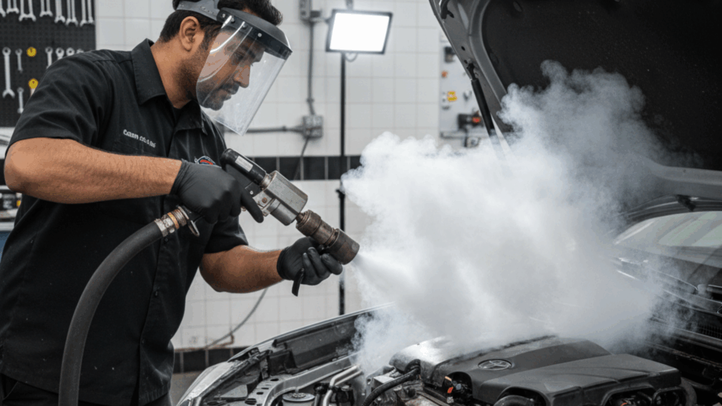 A blog banner image showing Dry-Ice Engine Bay Cleaning