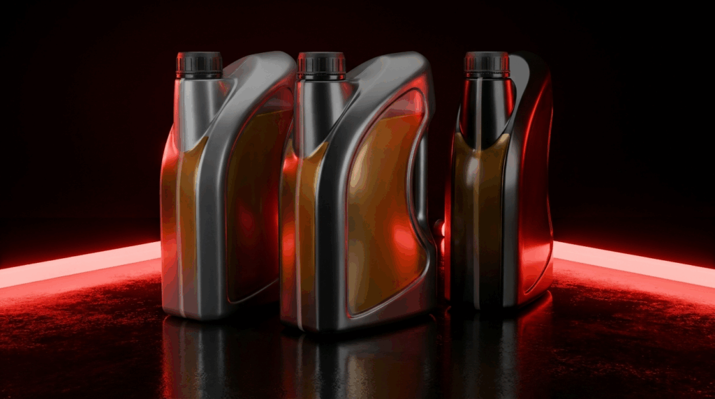 Liqui Moly synthetic engine oil bottles in a studio with red accent lighting