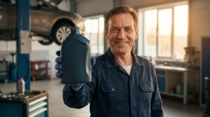 Friendly mechanic in a car workshop holding up Liqui Moly engine oil