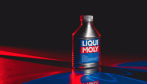 Liqui Moly engine oil bottle with the blue and red Liqui Moly logo on a dark studio background