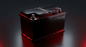 Volta car battery on a clean dark studio background with red accent lighting