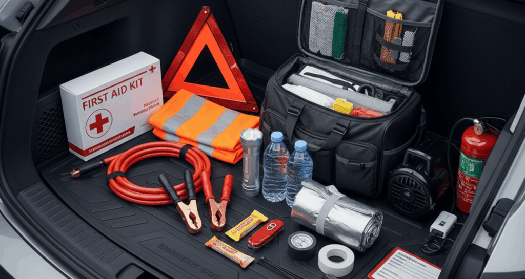 A blog banner image showing a car emergency kit.