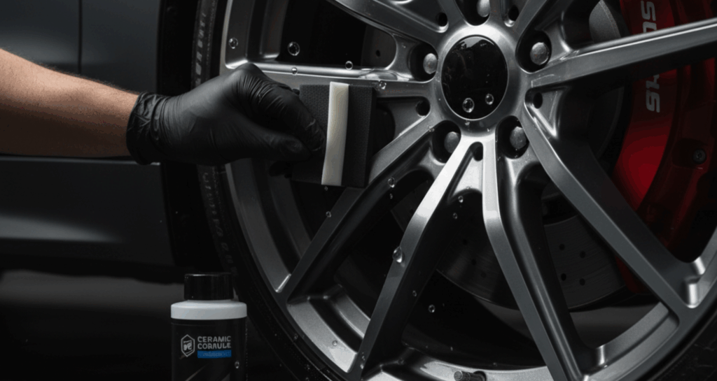 A blog banner image showing car wheel glass coating