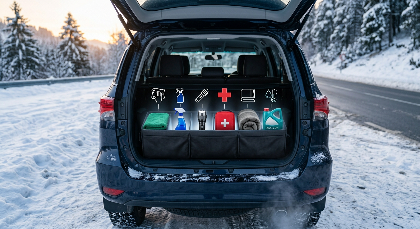 SUV trunk organiser showing towel, glass cleaner, flashlight, first aid kit, blanket, and coolant.