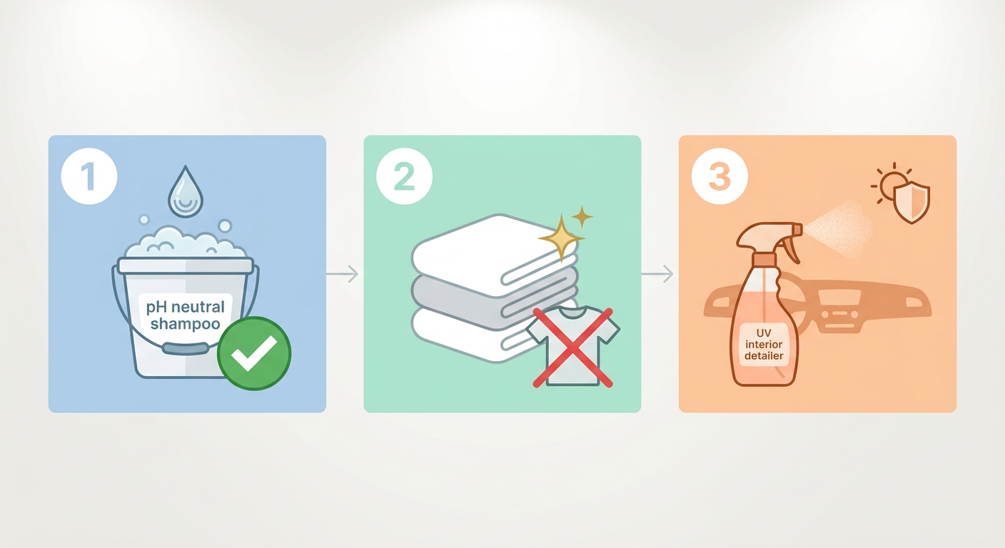 minimal three-panel garage infographic showing pH neutral shampoo