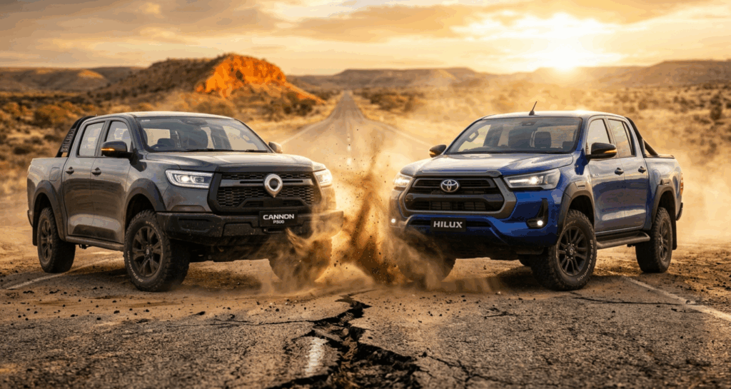 A blog banner image showing GWM CANNON P300 VS TOYOTA HILUX REVO