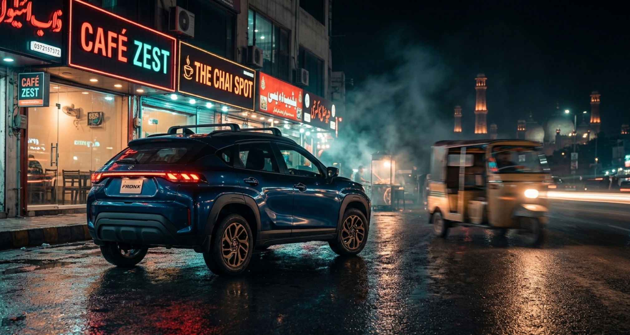 cinematic night-drive scene showing deep-blue Suzuki Fronx parked under neon storefronts