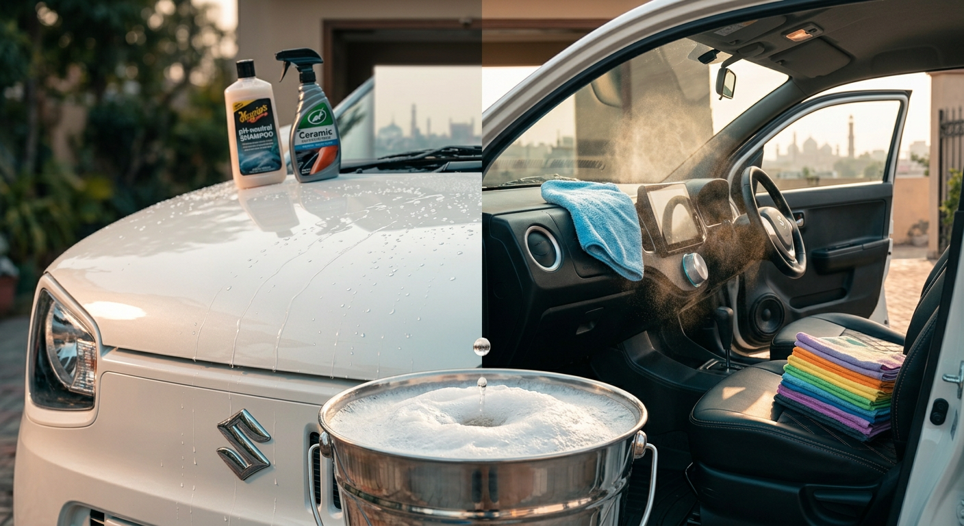 pearl-white Suzuki Alto hood glistening as crystal water beads