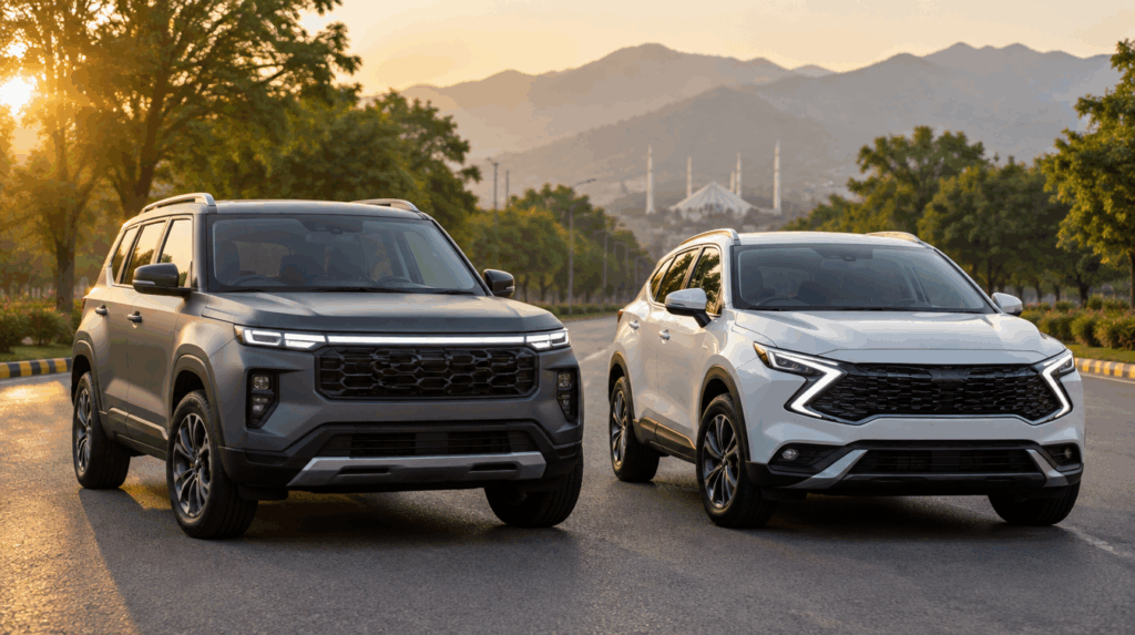 Grey boxy SUV and white SUV parked side by side in Islamabad at golden hour, illustration for a Jaecoo J7 vs Kia Sportage L comparison