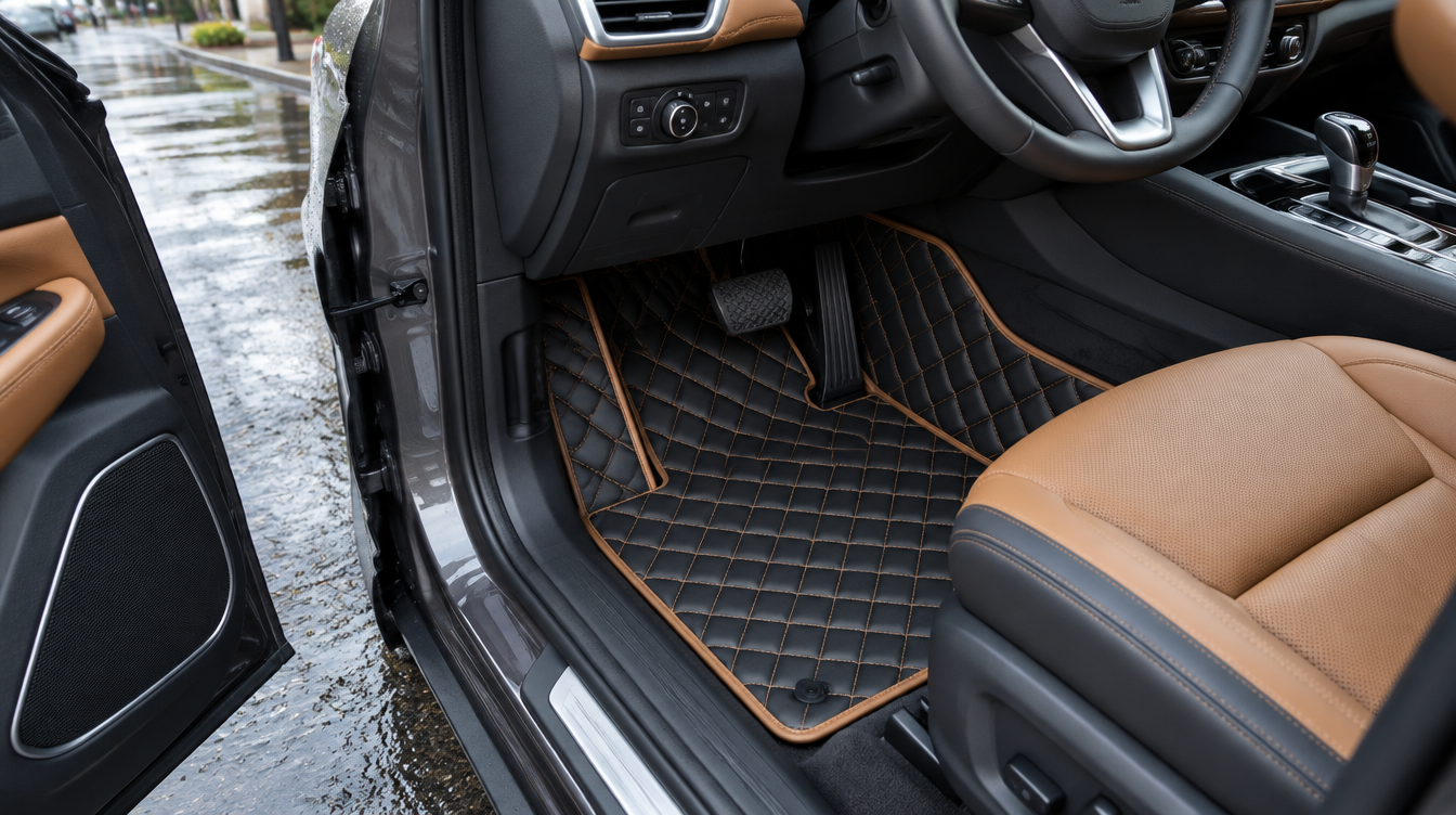 Custom black and tan diamond-stitched floor mats in an SUV footwell on a rainy day