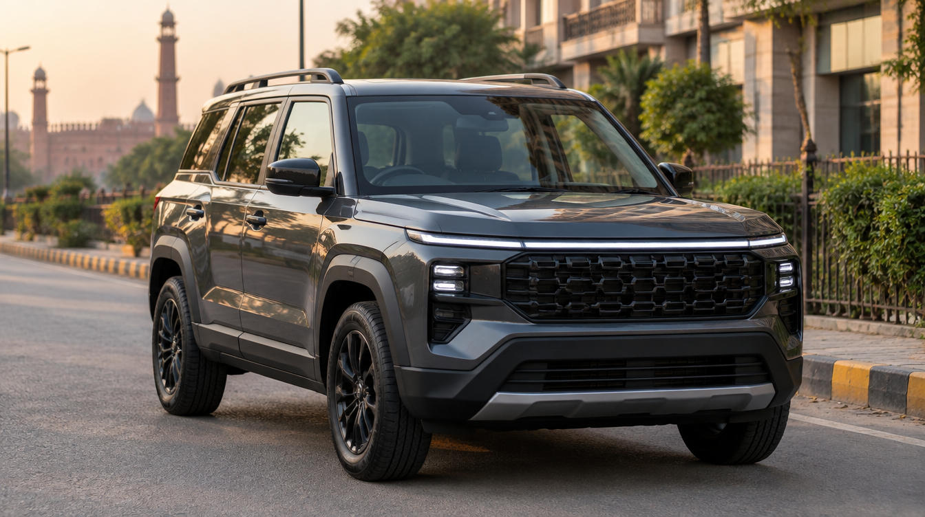 Grey boxy SUV on a Lahore street at sunset, illustration of a compact crossover