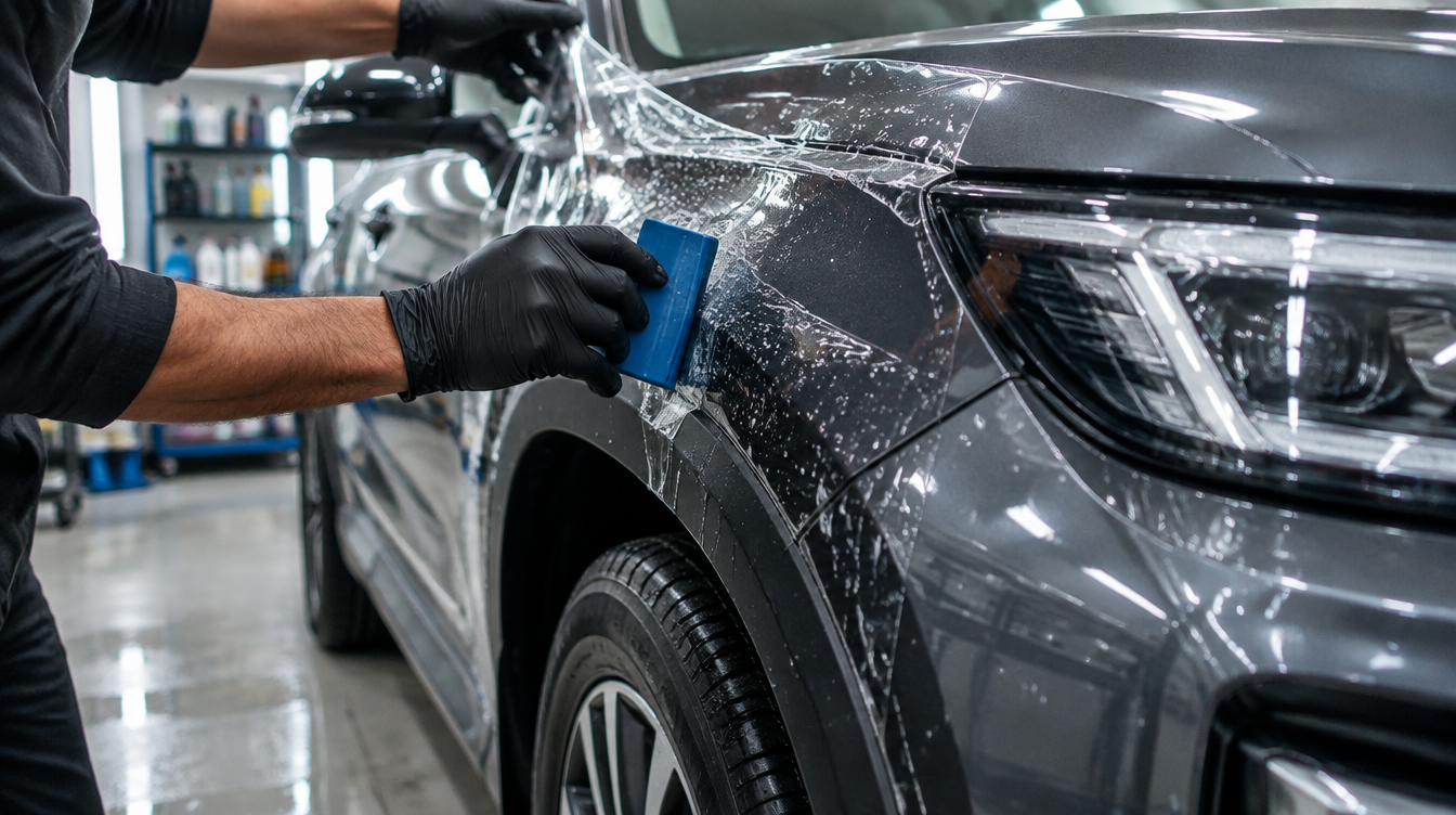Technician applying clear paint protection film to the fender of a dark grey SUV